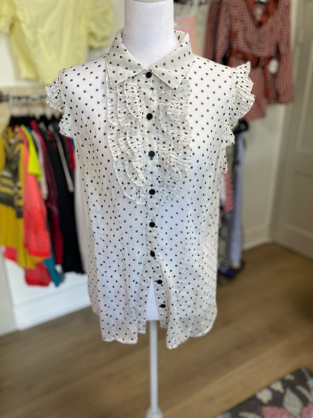 Susie Rose Black Polka Dot Ruffle Blouse - White